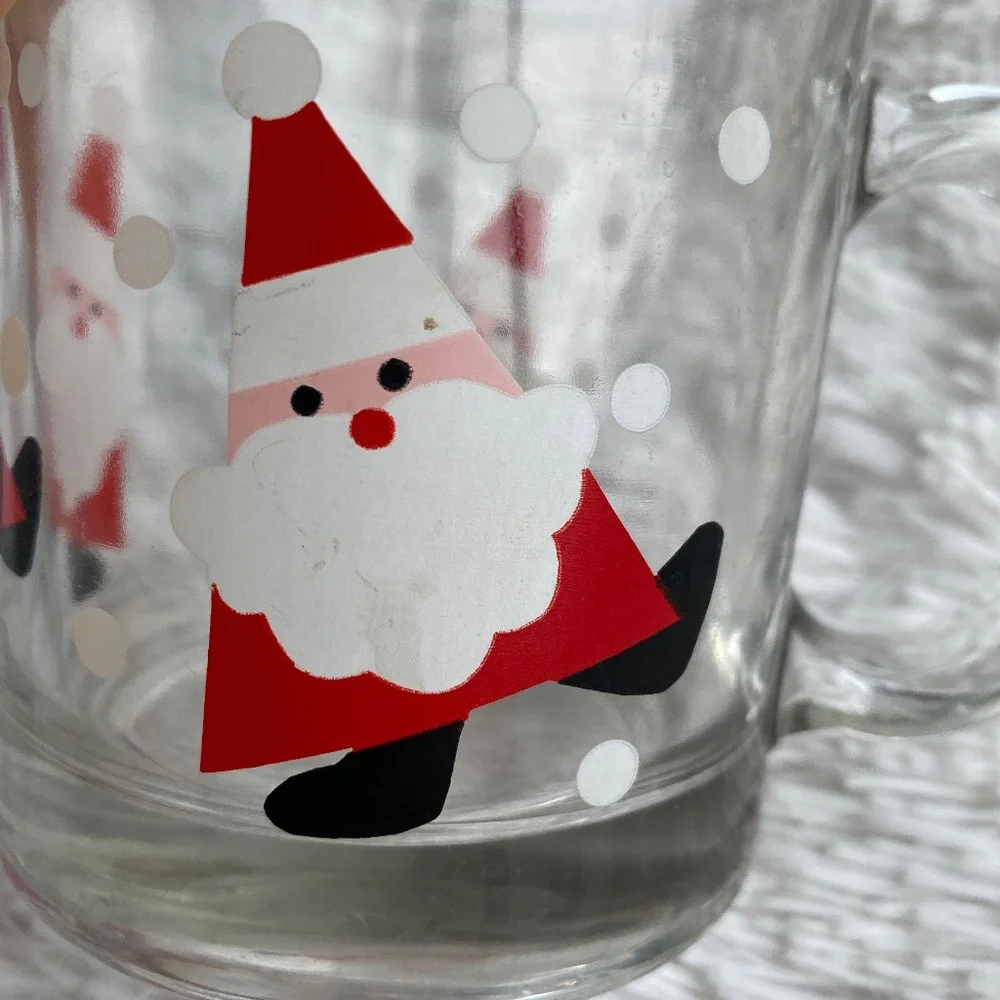 CRATE & BARREL Dancing Santas Glass Cocoa Coffee Mug